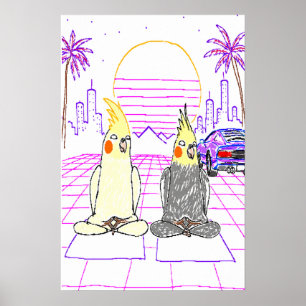 Póster de puesta de sol retro de cockatiels Vaporw