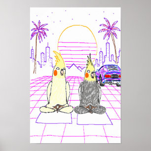 Póster de puesta de sol retro de cockatiels Vaporw