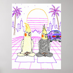 Póster de puesta de sol retro de cockatiels Vaporw