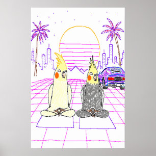 Póster de puesta de sol retro de cockatiels Vaporw