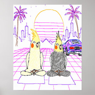Póster de puesta de sol retro de cockatiels Vaporw