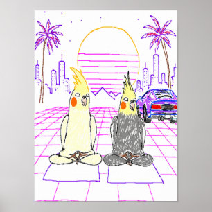 Póster de puesta de sol retro de cockatiels Vaporw