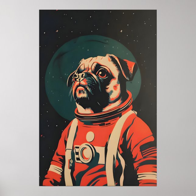 Póster de Pug Astronauta, Impresión Retro de Pug,  (Frente)