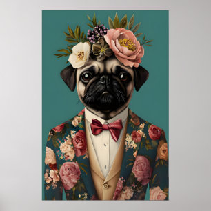 Póster de Pug con traje, retrato de Pug, óleo de P