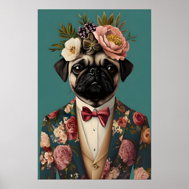 Póster de Pug con traje, retrato de Pug, óleo de P (Frente)