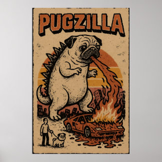 Póster de Pugzilla – Ilustración de adorable pug m