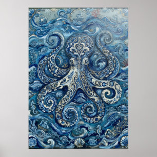Póster de pulpo azul blanco océano