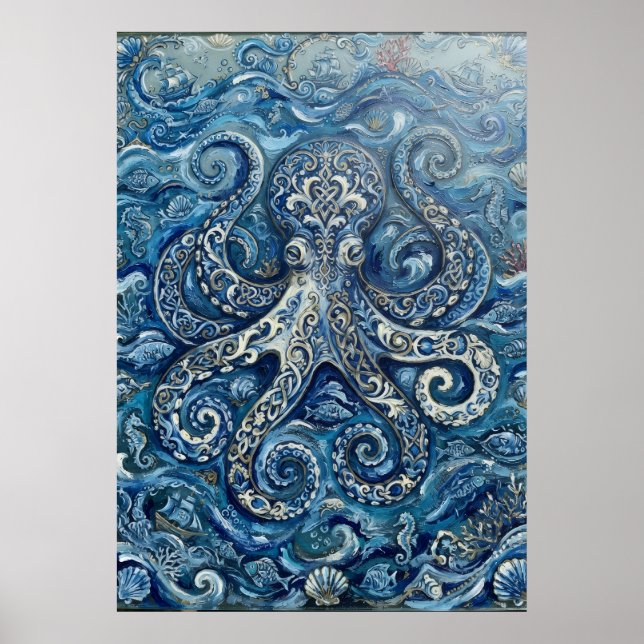 Póster de pulpo azul blanco océano (Frente)