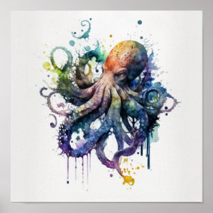 Póster de pulpo en acuarela
