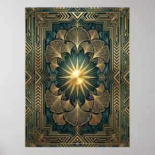 Póster de ráfaga de sol de hoja de Ginkgo Art Deco