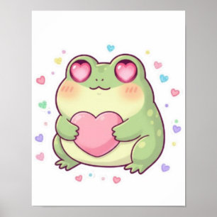 Póster de rana linda sosteniendo corazón Rana Kawa