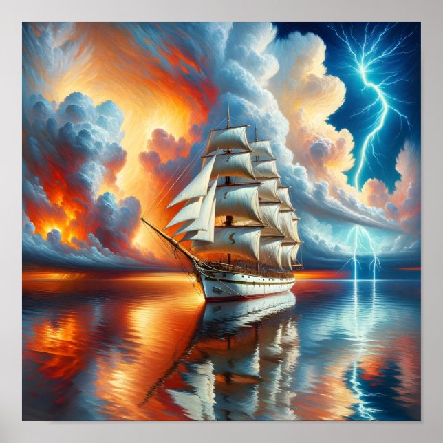 Póster de reflejo de yate al atardecer (Frente)