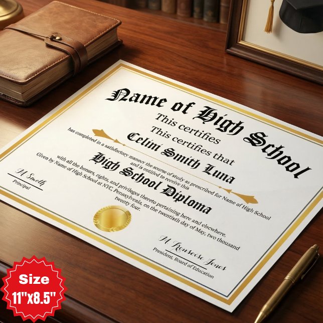 Póster de réplica de diploma de escuela secundaria (High School Diploma Replica Poster - Fake Gold Seal - Size 11"x8.5")