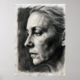 Póster de retrato al carbón   Dibujo femenino expr