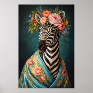 Póster de retrato de cebra floral, maximalista bot