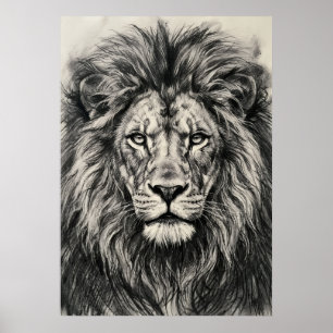 Póster de retrato de león al carbón