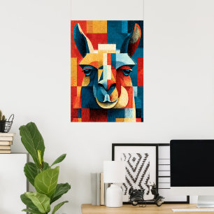 Póster de retrato de llama - Xilografía geométrica