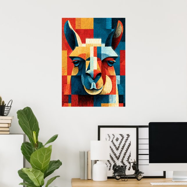 Póster de retrato de llama - Xilografía geométrica (Oficina en casa)