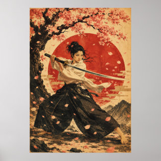 Póster de retrato de mujer japonesa con sol rojo