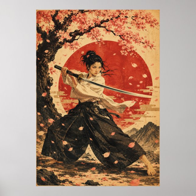 Póster de retrato de mujer japonesa con sol rojo (Frente)
