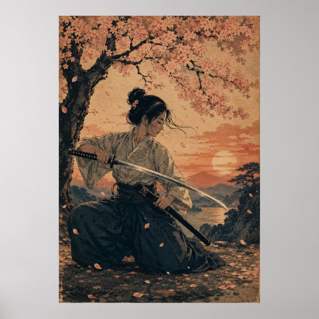 Póster de retrato de mujer japonesa con sol rojo (Frente)