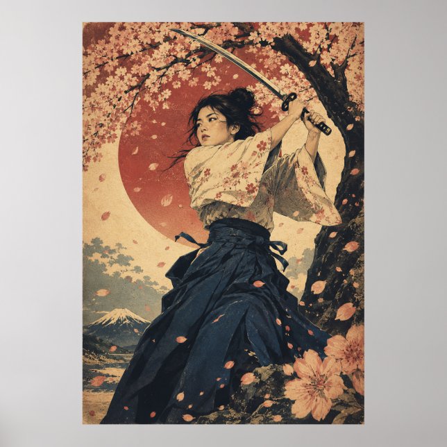 Póster de retrato de mujer japonesa con sol rojo (Frente)