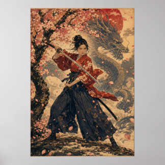 Póster de retrato de mujer japonesa con sol rojo