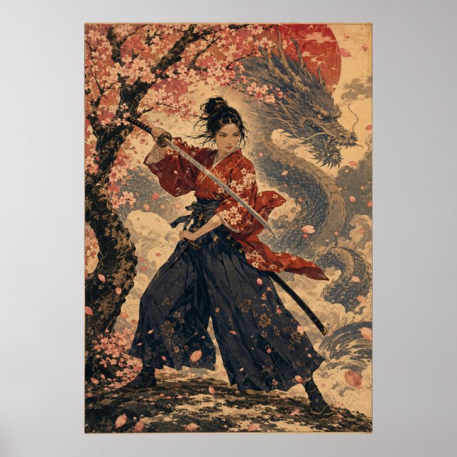 Póster de retrato de mujer japonesa con sol rojo (Frente)