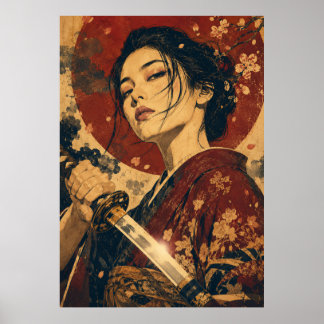 Póster de retrato de mujer japonesa sol rojo