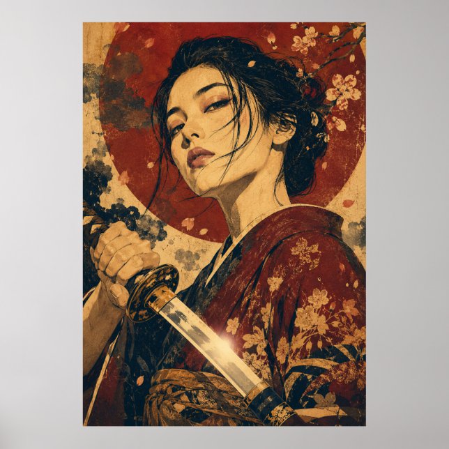 Póster de retrato de mujer japonesa sol rojo (Frente)