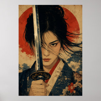 Póster de retrato de mujer japonesa sol rojo