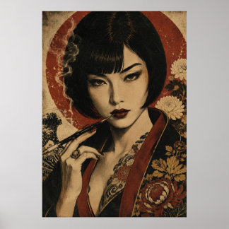 Póster de retrato de mujer japonesa sol rojo