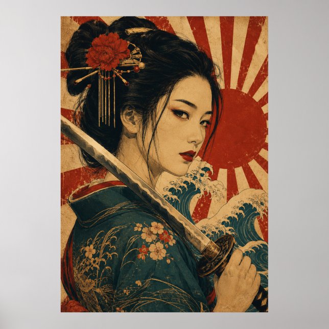 Póster de retrato de mujer japonesa sol rojo (Frente)