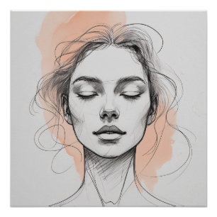Póster de retrato femenino de arte de línea elegan