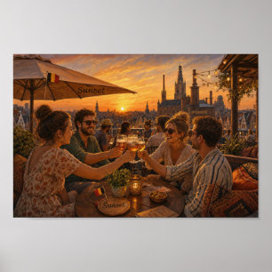 Póster de Reunión en Azotea al Atardecer Belga