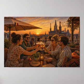 Póster de Reunión en Azotea al Atardecer Belga