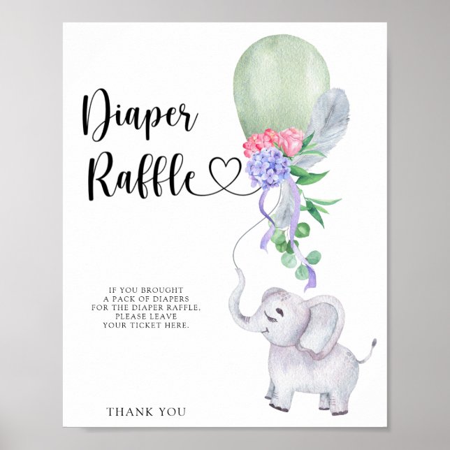 Póster de rifa de pañales de Globo y Elefante (Frente)