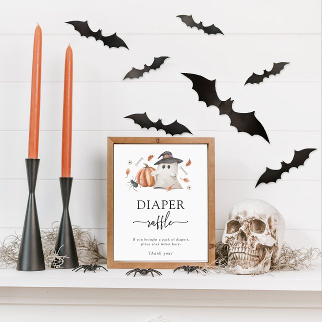 Póster de Rifa de Pañales de Halloween (Halloween Diaper Raffle Game Sign A Little Boo Is Almost Due Ghost Pumpkin Baby Shower)