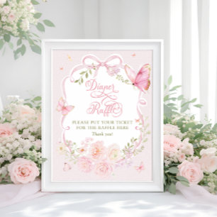 Póster de rifa de pañales florales de lazo rosa ma
