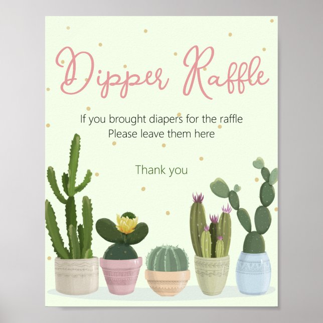 Póster de rifa de pañales para baby shower de cact (Frente)
