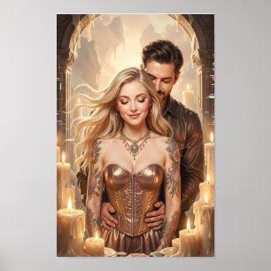 Póster de Romance Dorado con Velas Encendidas
