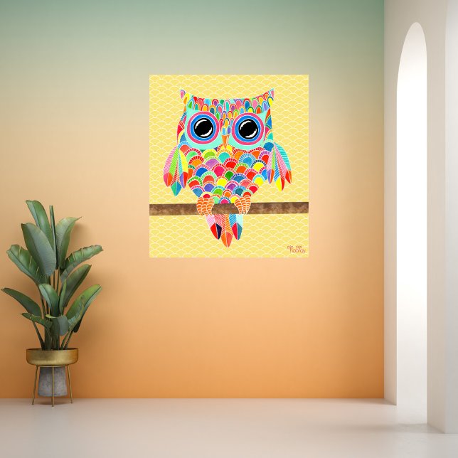 Poster de sala de Chicas de arte de la pared de Le (Pip Pip Hooray Rainbow Owl Art Illustration on Poster Print, shown as example on a room wall)