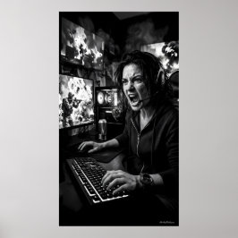 Póster de sala de juegos de furia total monocroma