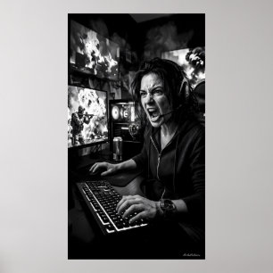 Póster de sala de juegos de furia total monocroma