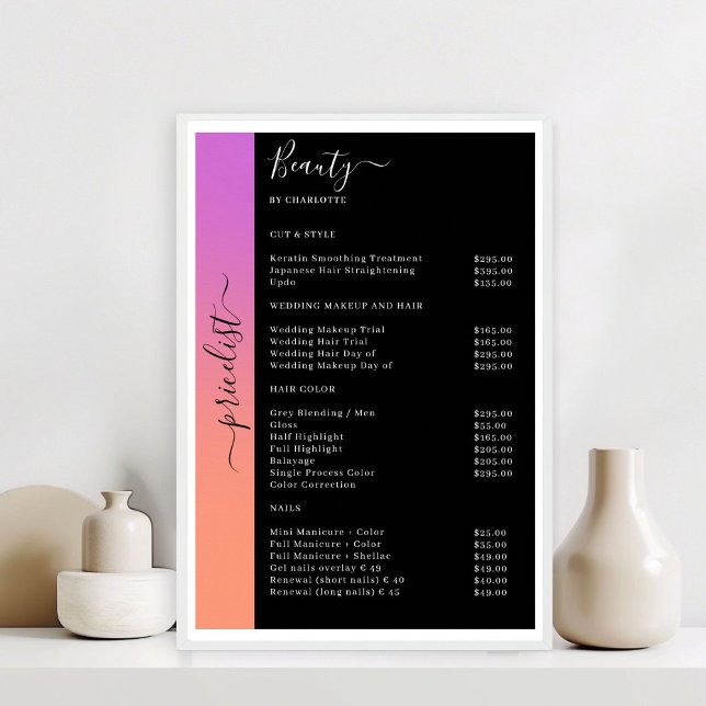 Póster de salón de precios de Naranja, Morado y Ne (Orange, Purple & Black Pricelist Salon Poster)