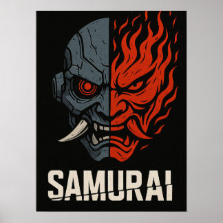 Póster de Samurái con Máscara Oni Dividida