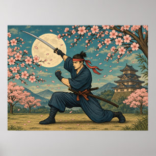 Póster de Samurái Japonés Luna Llena Flor de Cerez