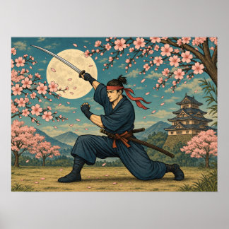 Póster de Samurái Japonés Luna Llena Flor de Cerez