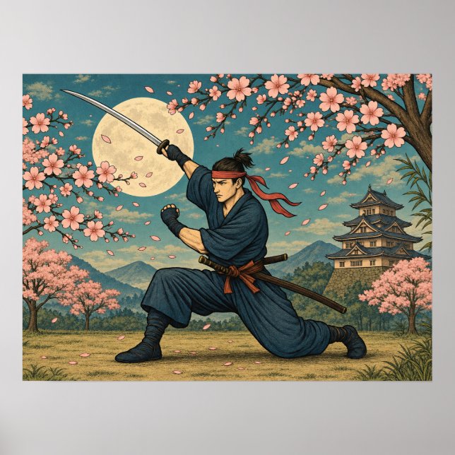 Póster de Samurái Japonés Luna Llena Flor de Cerez (Frente)