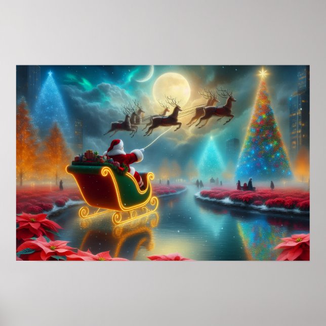 Póster de Santa y sus renos volando en el cielo (Frente)